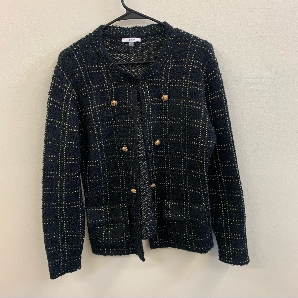 Sioni L Tweed Cardigan Pockets Black Gold Check Double Breasted Len.23 Chest 19